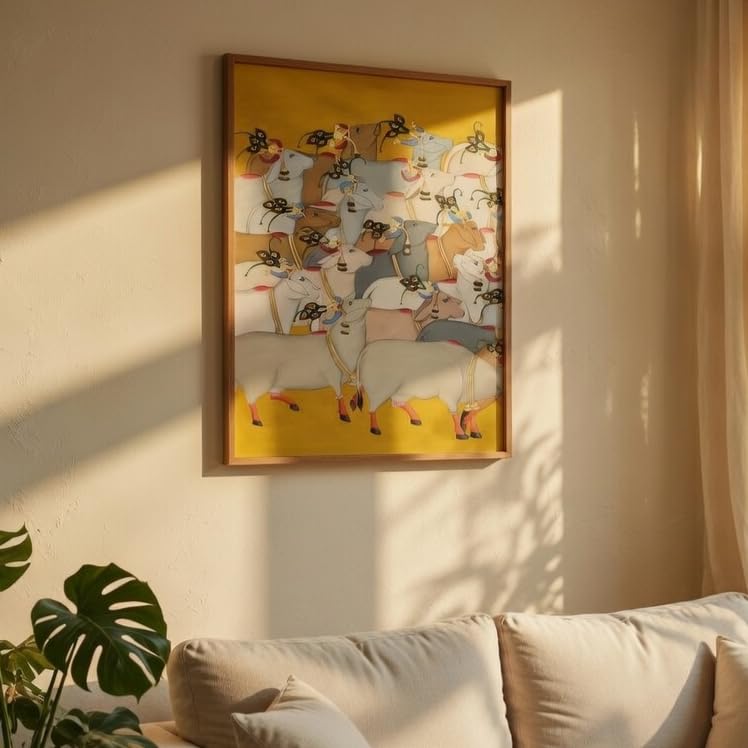 Pichwai Cow Wall Painting with Wooden Frame | Traditional Krishna Cow Artwork HD UV Laminated MDF Wall Decor | Spiritual Indian Pichwai Art for Living Room Temple Decor
