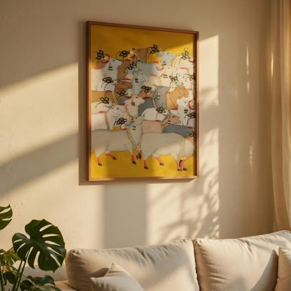 Pichwai Cow Wall Painting with Wooden Frame | Traditional Krishna Cow Artwork HD UV Laminated MDF Wall Decor | Spiritual Indian Pichwai Art for Living Room Temple Decor