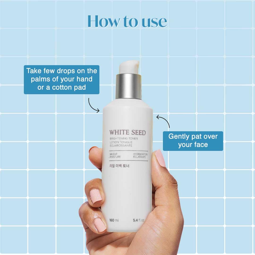 White Seed toner bottle held by a hand with usage instructions on a blue grid background