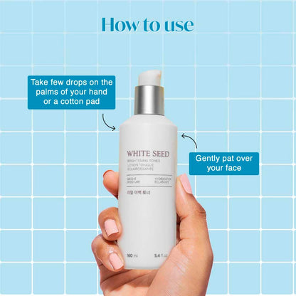 White Seed toner bottle held by a hand with usage instructions on a blue grid background