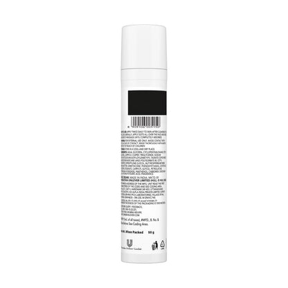 White cylindrical container with black text on a white background