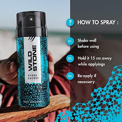 Wild Stone body spray bottle with usage instructions on a blurred background