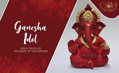Gold Art India Mukut Ganesha Idol for Car Dashboard Maroon Red and Gold Small Ganesha Murti Ganpati Idol for Home Decor Puja Lord Ganesh Statue Gift for Office Desk Puja Room Figurine,5.1x5.1 Cm