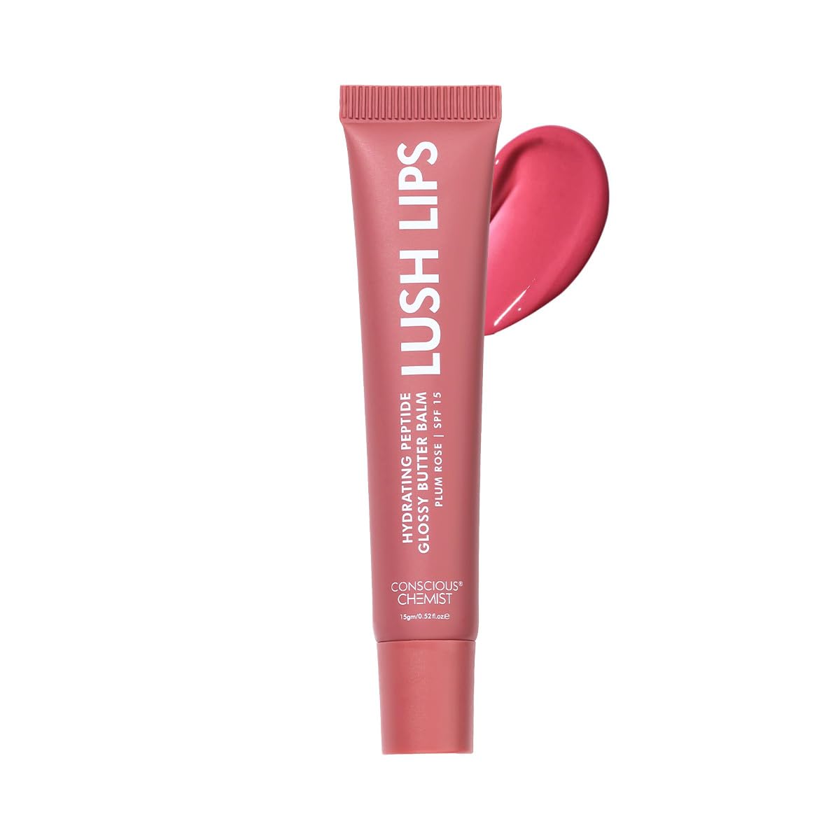 Lush Lips lip balm tube with pink color swatch on a white background