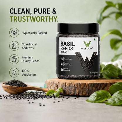WELLAYA Basil Seeds - 350gm | High Fibre Tukmaria Seeds for Eating | Sabja Seed | Weight Management