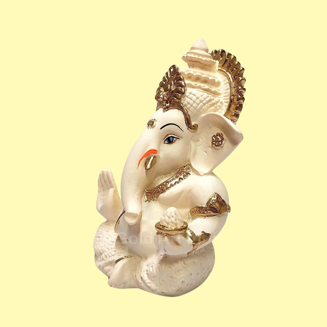 Gold Art India Peach Terracotta Colour Golden Paint Work Vinayaka Idol Car Dashboard Idol Ganesha Murti Ganpati Idol for Home Decor Puja Lord Ganesh Statue Gift for Office Desk Puja Room Figurine