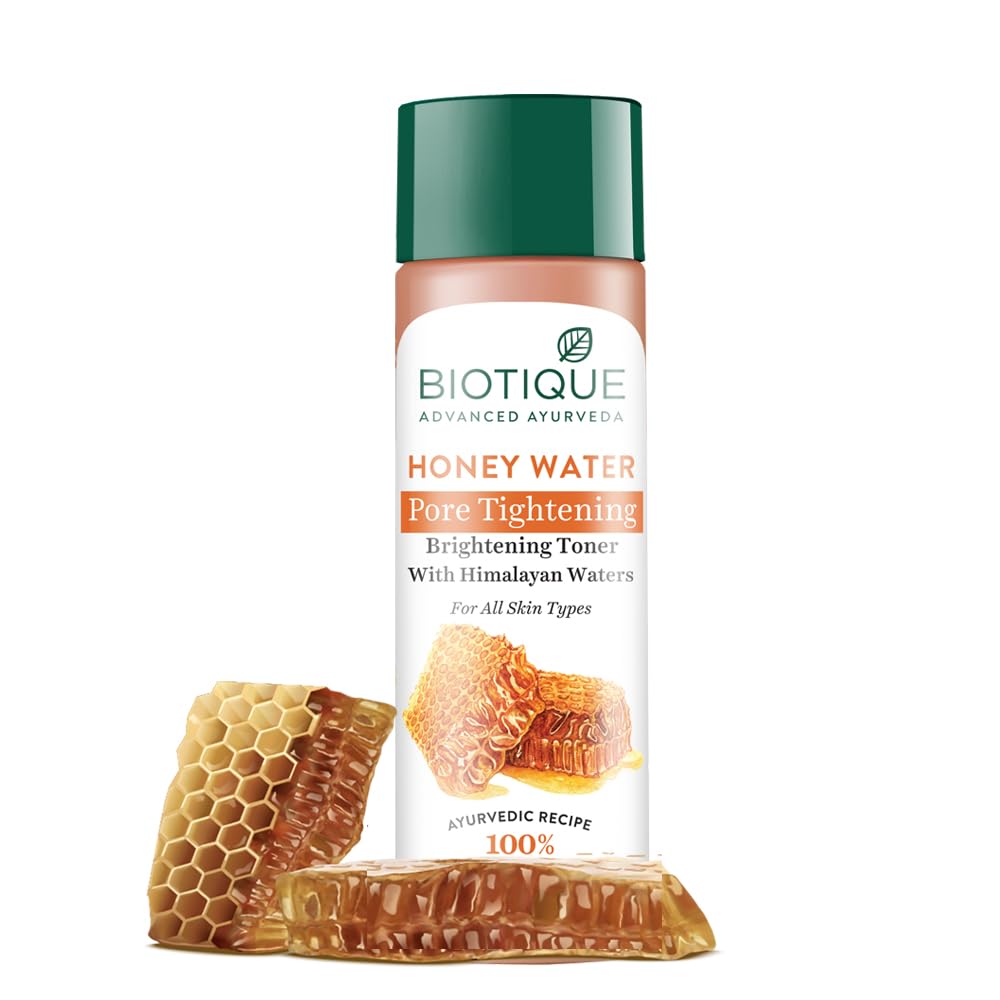 Biotique Honey Water toner bottle with honeycomb design on a white background