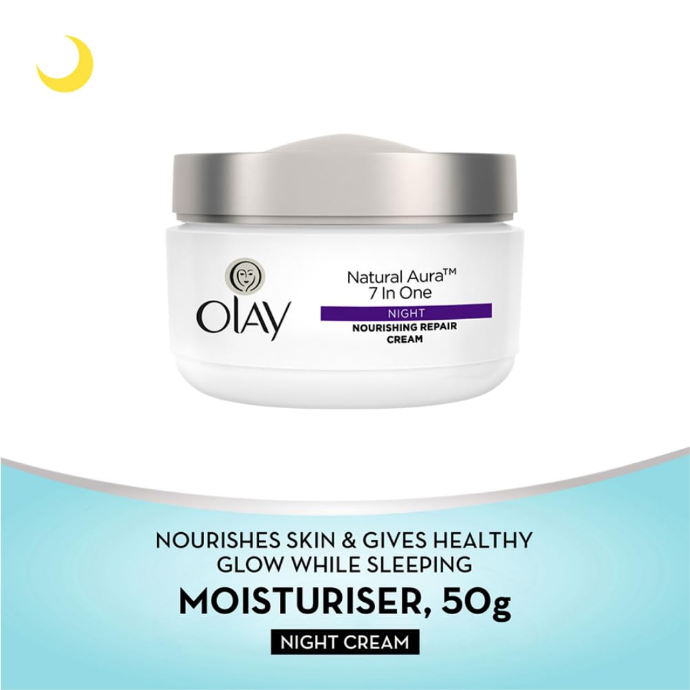 Olay moisturizer jar with text on a white and blue gradient background