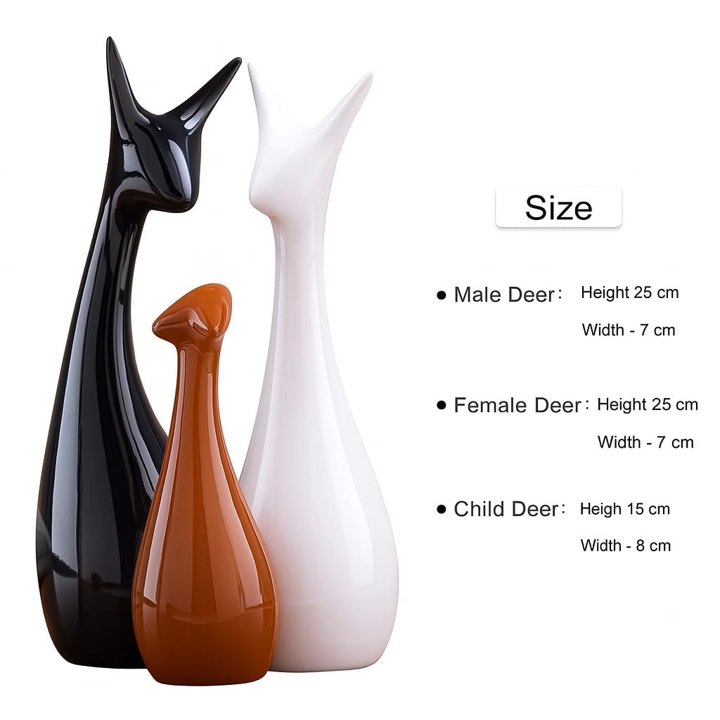 Home Decor Lucky Deer Statue Family Ceramic Figures - (Set of 3, Black,Brown,White)