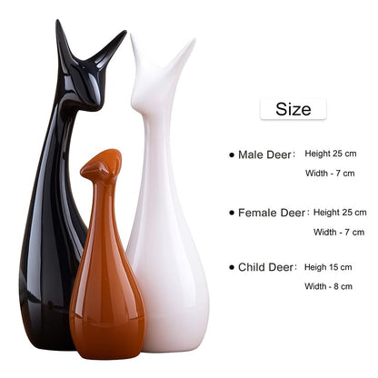 Home Decor Lucky Deer Statue Family Ceramic Figures - (Set of 3, Black,Brown,White)