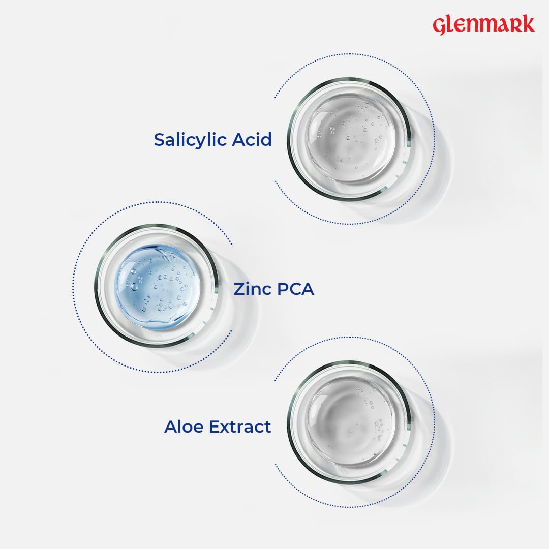 Diagram of Salicylic Acid, Zinc PCA, and Aloe Extract with Glenmark branding.