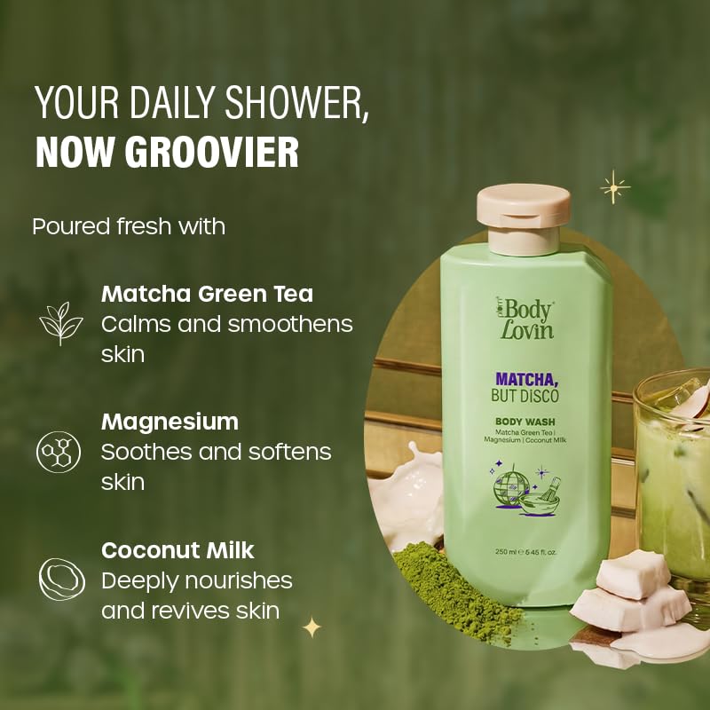 Plum BodyLovin’ Matcha, But Disco Body Wash | Calming & Smoothening Shower Gel | Match Green Tea, Magnesium & Coconut Milk | Lactonic Matcha Fragrance | 250 ml