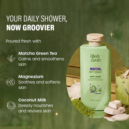 Plum BodyLovin’ Matcha, But Disco Body Wash | Calming & Smoothening Shower Gel | Match Green Tea, Magnesium & Coconut Milk | Lactonic Matcha Fragrance | 250 ml
