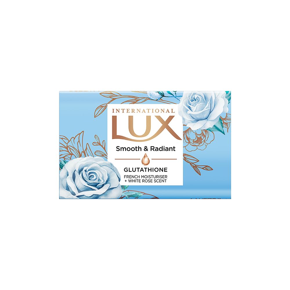 LUX International Smooth & Radiant Bathing Soap 4 x130g, LUXURIOUS BATHING EXPERIENCE, Smooth & Moisturized skin, with Glutathione & French Moisturizer, Improves Skin Texture, White Rose Fragrance