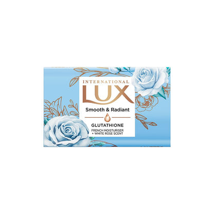 LUX International Smooth & Radiant Bathing Soap 4 x130g, LUXURIOUS BATHING EXPERIENCE, Smooth & Moisturized skin, with Glutathione & French Moisturizer, Improves Skin Texture, White Rose Fragrance