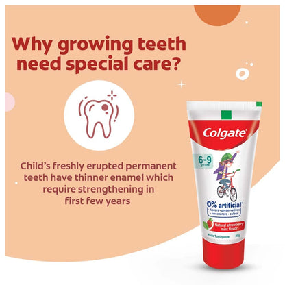 Colgate Toothpaste For Kids (6-9 Years), Natural Strawberry Mint Flavour, 0% Artificial, Oral Care - 80G Tube & Kids Batman Toothbrush, Extra Soft With Tongue Cleaner (Pack Of 3)