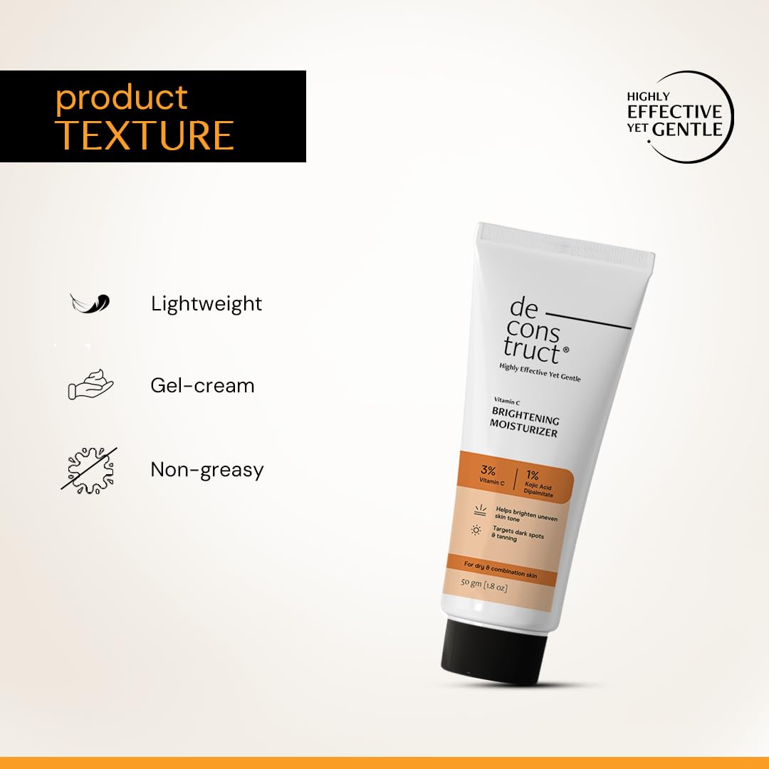 Tube of de construct skincare product with texture description on a white background