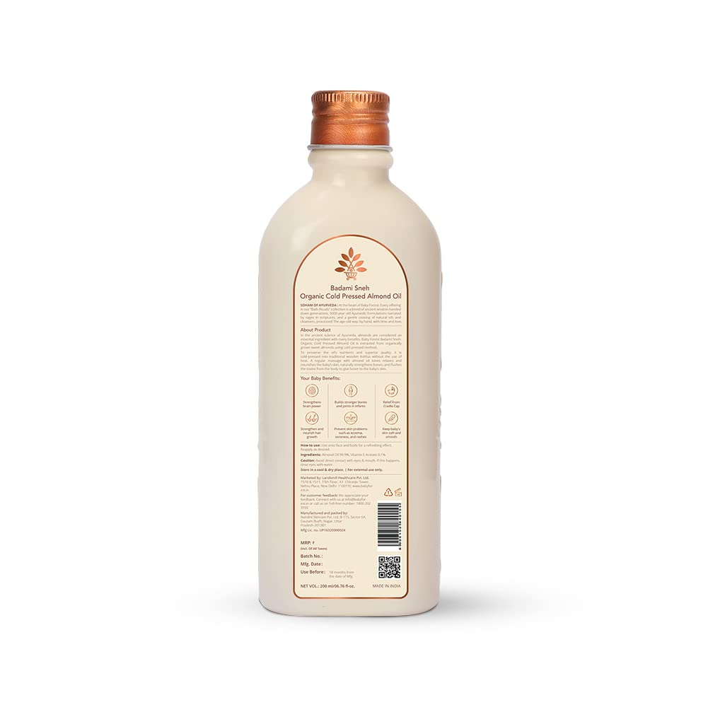 Bottle of Balms & Co. Organic Cold Pressed Almond Oil with a copper cap on a white background