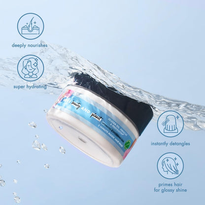 Cosmetic product with water droplets and text on a light blue background
