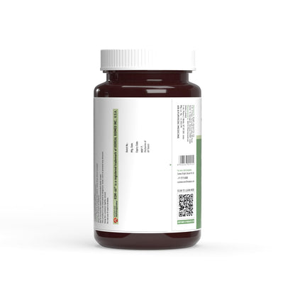 Brown supplement bottle with white label on a white background