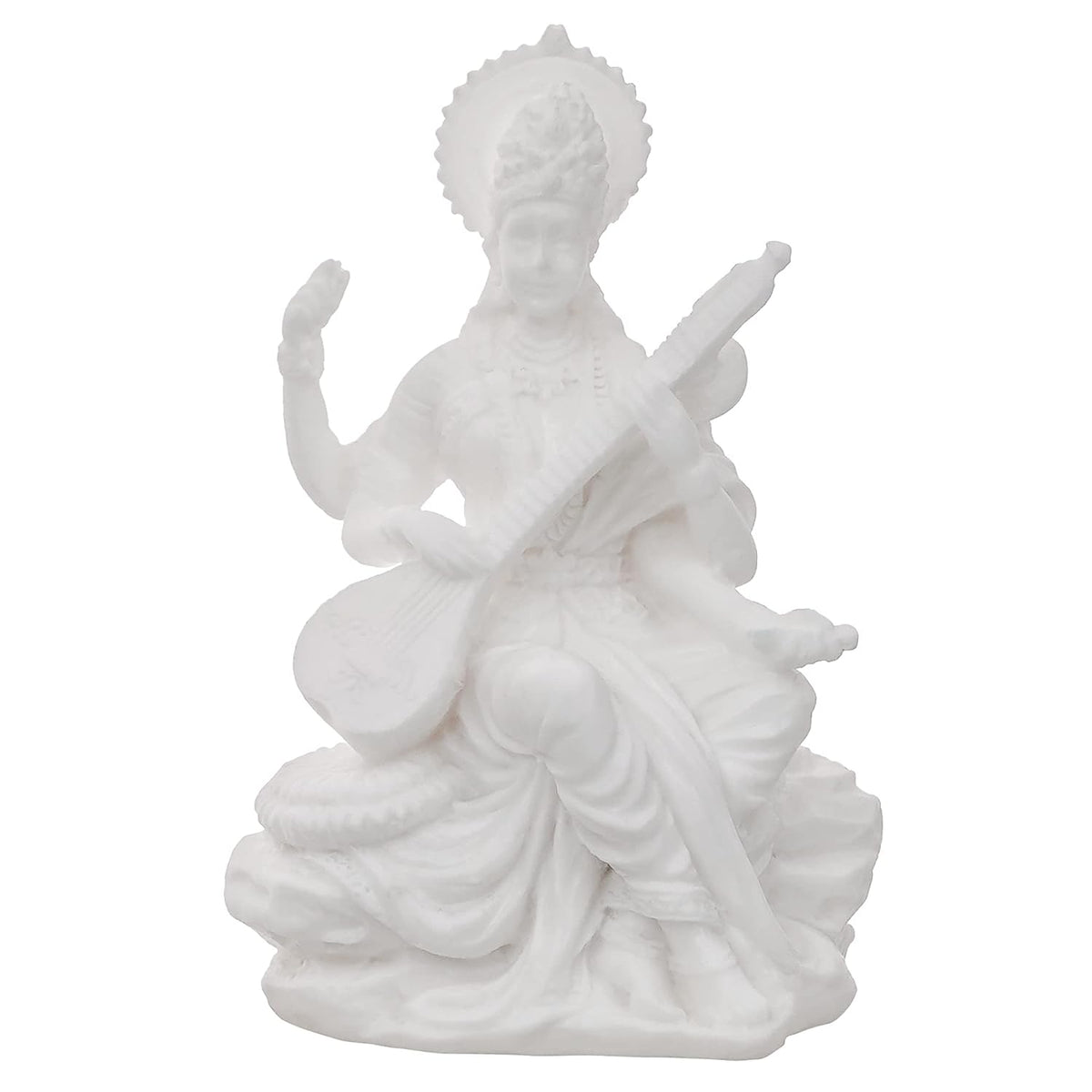 White Resin Goddess Saraswati Idol Playing Veena|Saraswati Murti for Home Temple Pooja Room Study Table School Library|Saraswati Statue Hindu Goddess of Knowledge Music Art Wisdom Learning