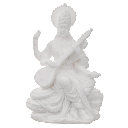 White Resin Goddess Saraswati Idol Playing Veena|Saraswati Murti for Home Temple Pooja Room Study Table School Library|Saraswati Statue Hindu Goddess of Knowledge Music Art Wisdom Learning