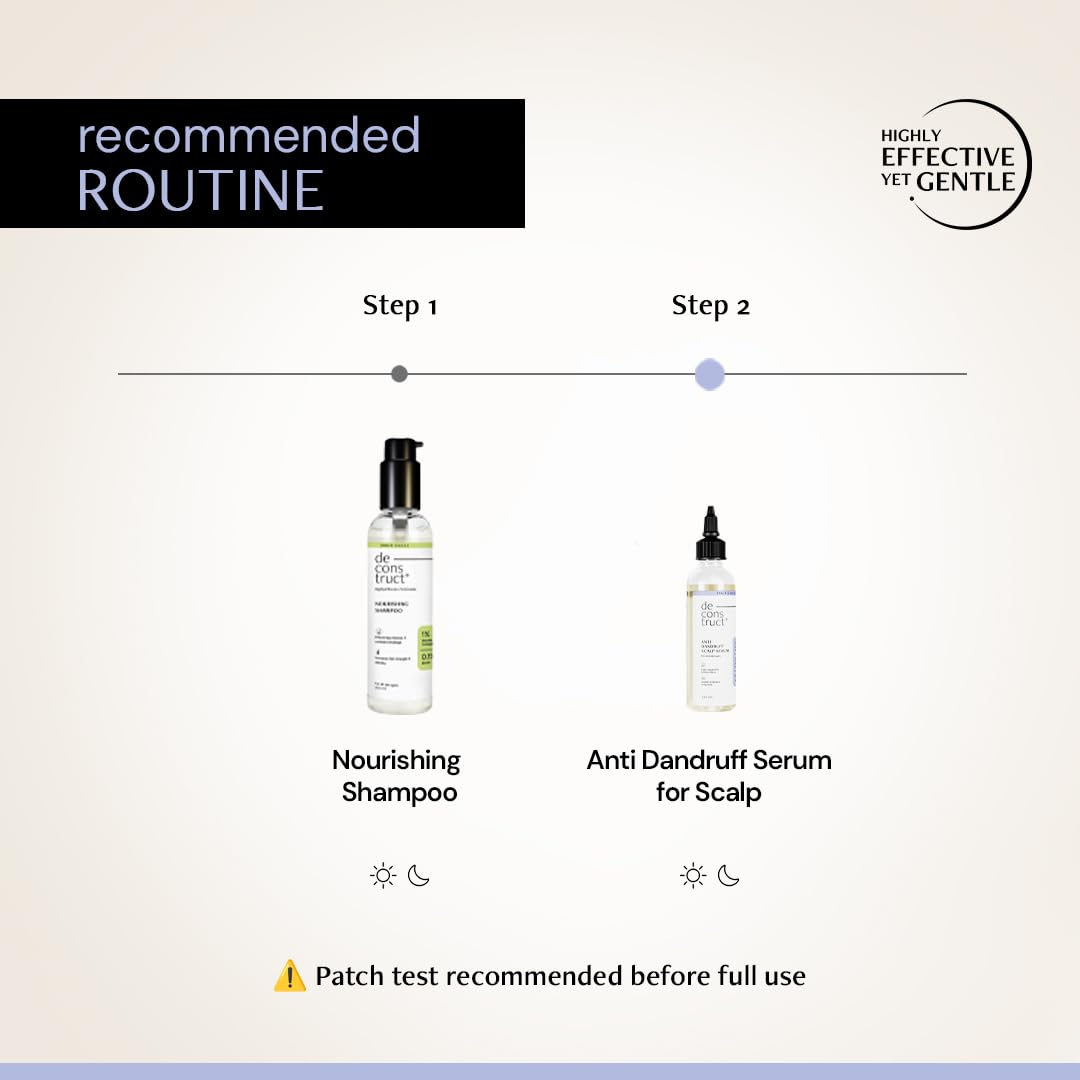 Recommended hair care routine with shampoo and serum on a neutral background