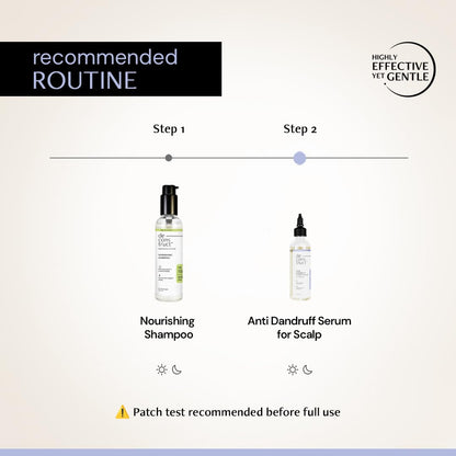 Recommended hair care routine with shampoo and serum on a neutral background