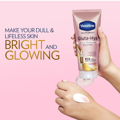 Vaseline Gluta-Hya product with a hand applying it on a pink background