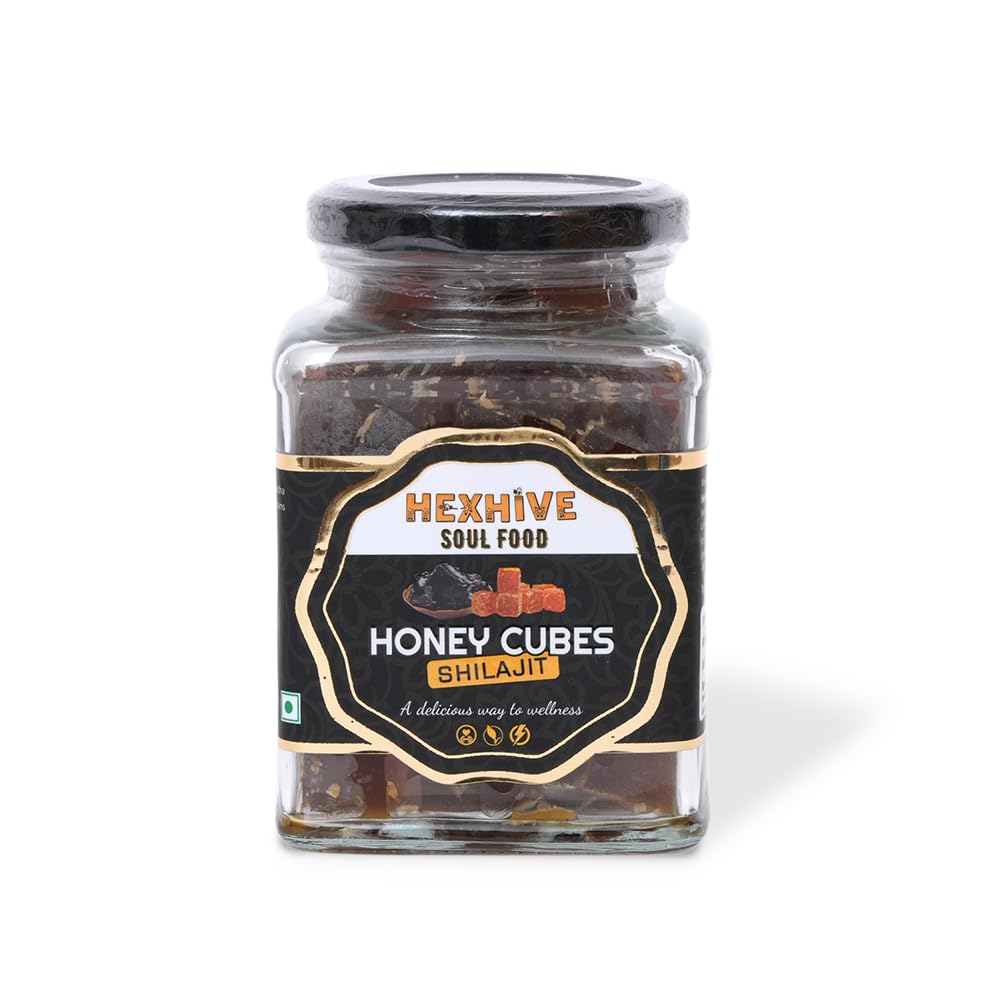 Jar of Hextive Soul Food Honey Cubes Shilajit on a white background
