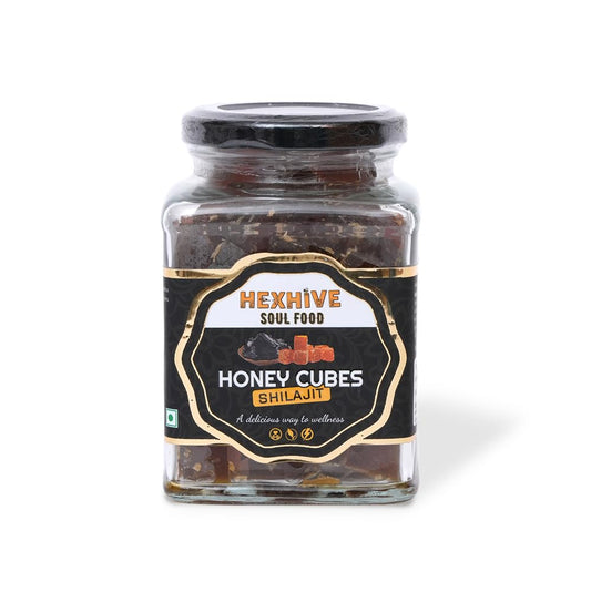 Jar of Hextive Soul Food Honey Cubes Shilajit on a white background
