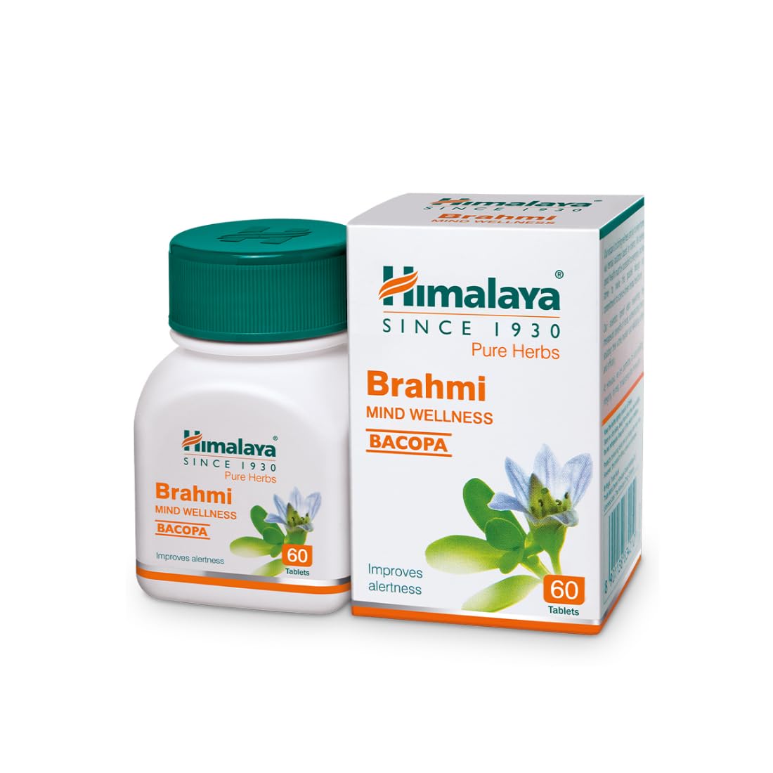 Himalaya Brahmi Mind Wellness Bacopa supplement bottle and packaging on a white background