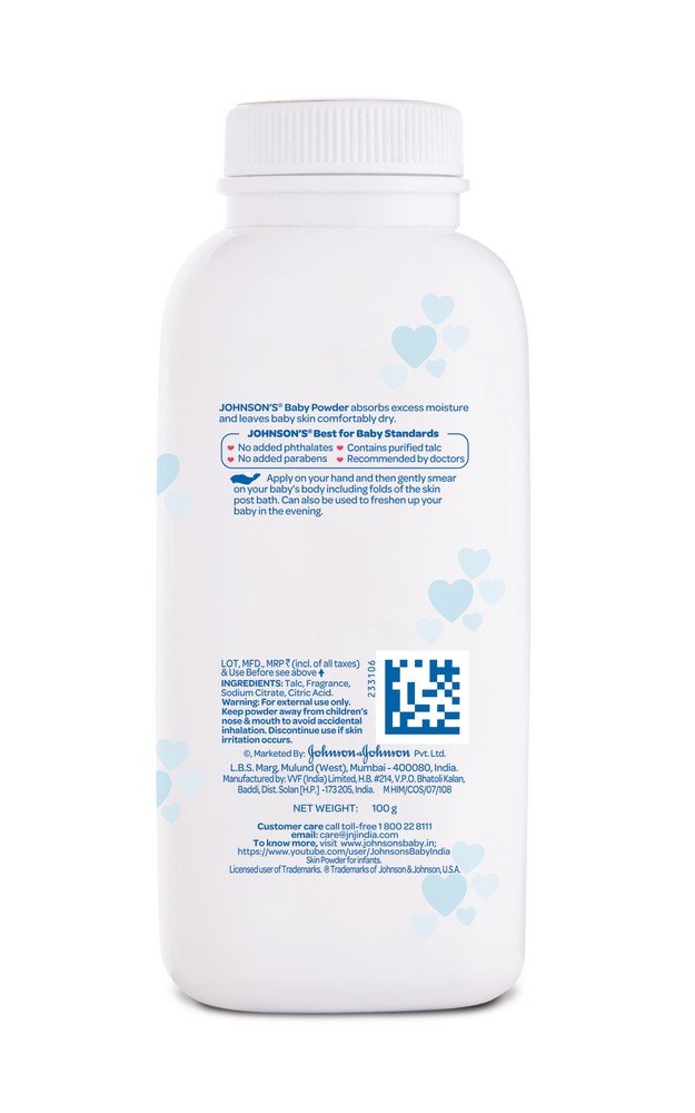 Johnson's Baby Powder 100g | Plant-Based Baby Powder | Absorbs 2X Moisture | Helps Prevent Diaper Rash | For Sensitive Skin | Dermatologist Tested | No Parabens, Sulphates, Dyes or Phthalates