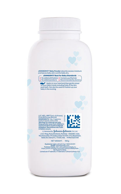 Johnson's Baby Powder 100g | Plant-Based Baby Powder | Absorbs 2X Moisture | Helps Prevent Diaper Rash | For Sensitive Skin | Dermatologist Tested | No Parabens, Sulphates, Dyes or Phthalates