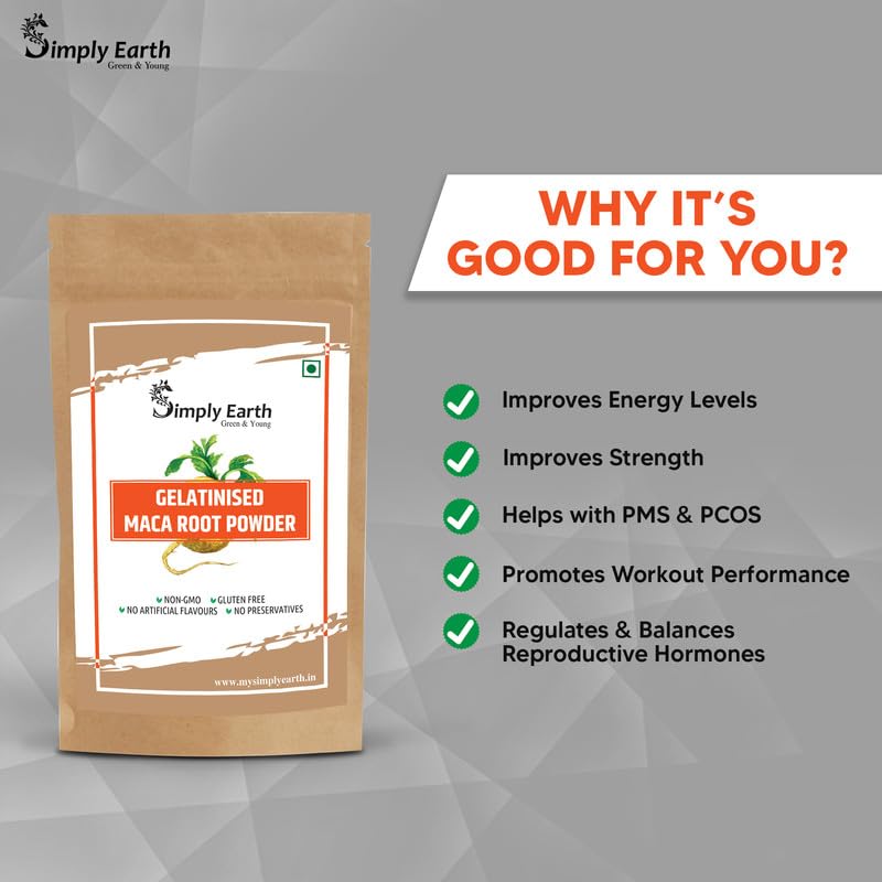 Simply Earth Gelatinised Peruvian Yellow Maca Root Powder, Organic Herbal Supplement | Improves Energy And Stamina | Good For Men And Women - 75 GMS