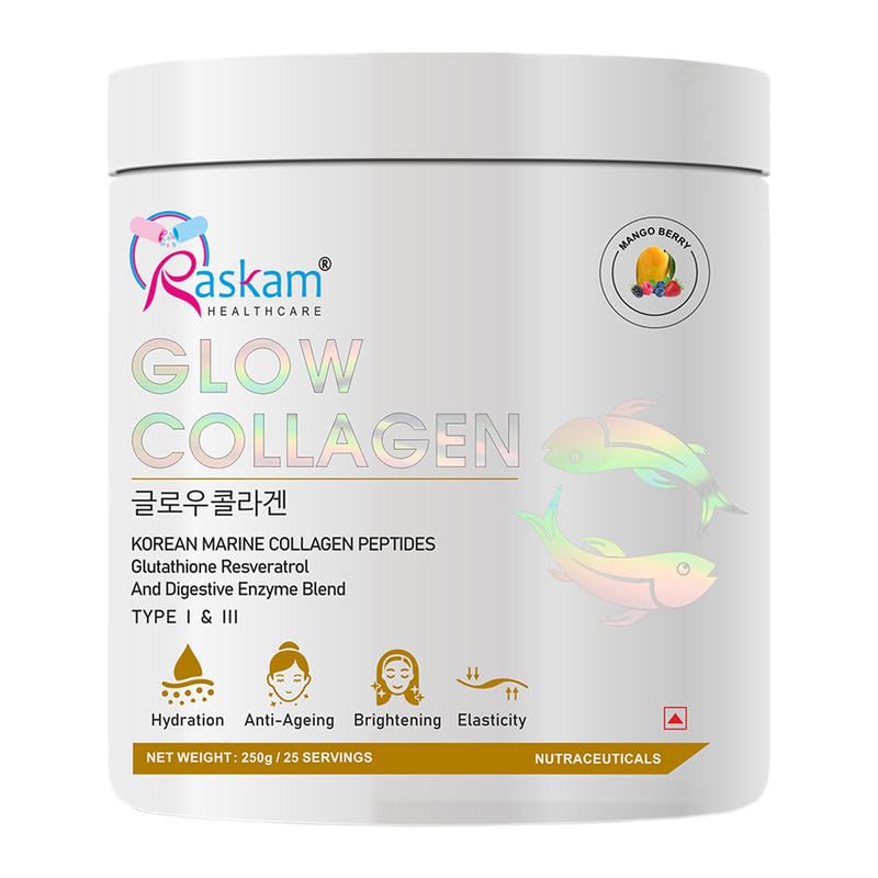 Raskam Glow Collagen supplement container on a white background