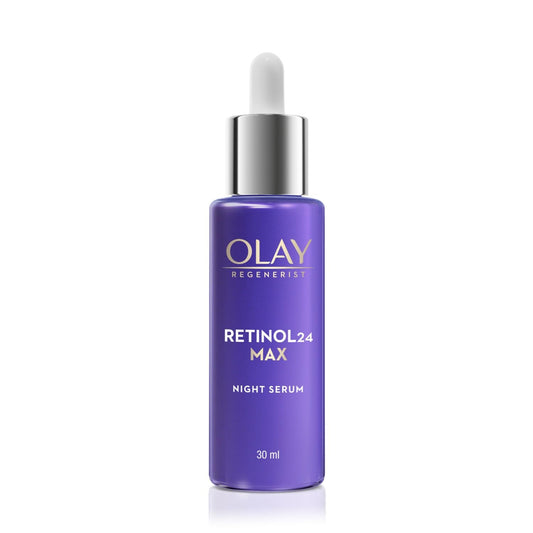 Olay Regenerist Retinol24 Max Night Serum bottle on a white background