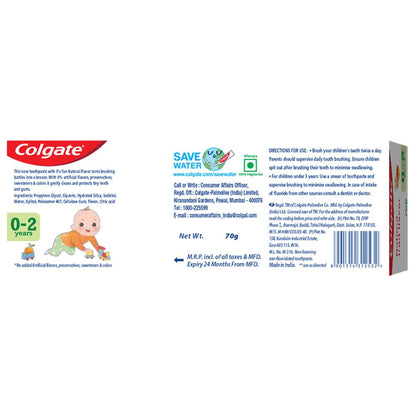 Colgate Toothpaste For Kids Cavity Protection (0-2 Years), Natural Fruit Flavour Tooth Paste, Sls & Fluoride Free - 70G Tube (Pack of 2)