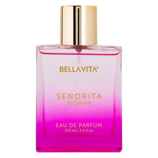 Bellavita Senorita Woman Eau de Parfum bottle with pink gradient and gold cap on white background