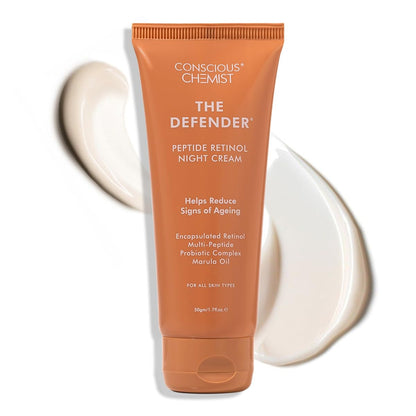 Tube of Conscious Chemist The Defender Peptide Retinol Night Cream on a white background