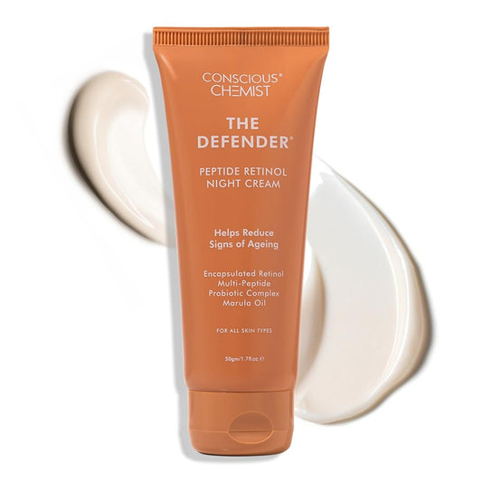 Tube of Conscious Chemist The Defender Peptide Retinol Night Cream on a white background