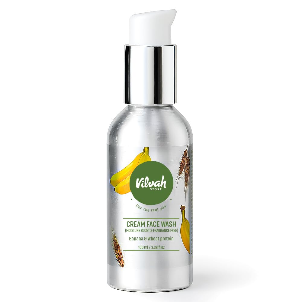 Vilvah Cream Face Wash | Fragrance-Free Face Wash for Dry & Sensitive Skin | Relieves Dryness & Flaking | Soothes & Nourishes Skin | pH-Balanced Gentle Cleanser with Coconut Milk, Banana Extract & Wheat Protein | 100ml