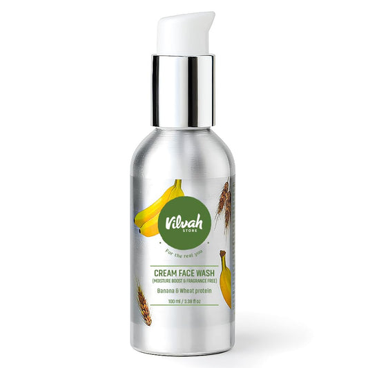 Vilvah Cream Face Wash | Fragrance-Free Face Wash for Dry & Sensitive Skin | Relieves Dryness & Flaking | Soothes & Nourishes Skin | pH-Balanced Gentle Cleanser with Coconut Milk, Banana Extract & Wheat Protein | 100ml