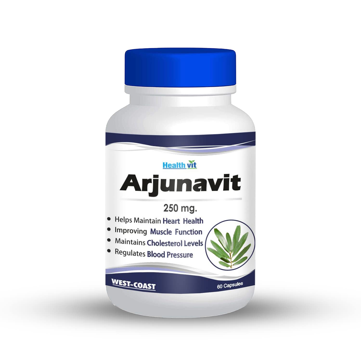 Bottle of Arjunavit supplement with blue cap and white label on a white background