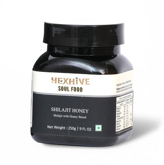 Black jar of Shilajit Honey with 'Hexhive Soul Food' label on a white background
