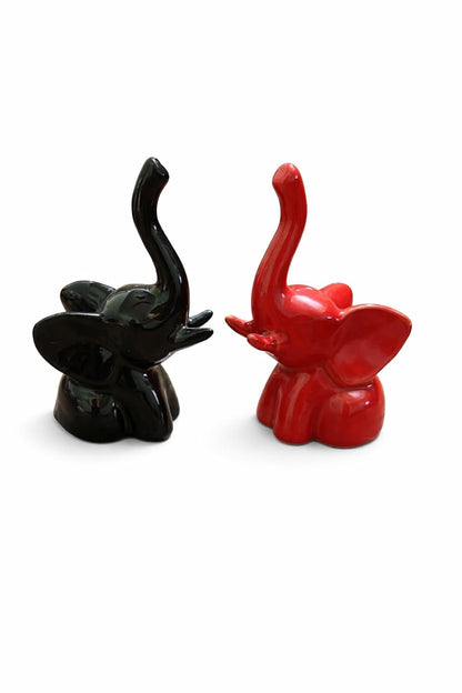 Ceramic Elephant Figurines, Set of 2, Black and Red, Glossy Finish, Trunk Up, Home Decor Sculptures