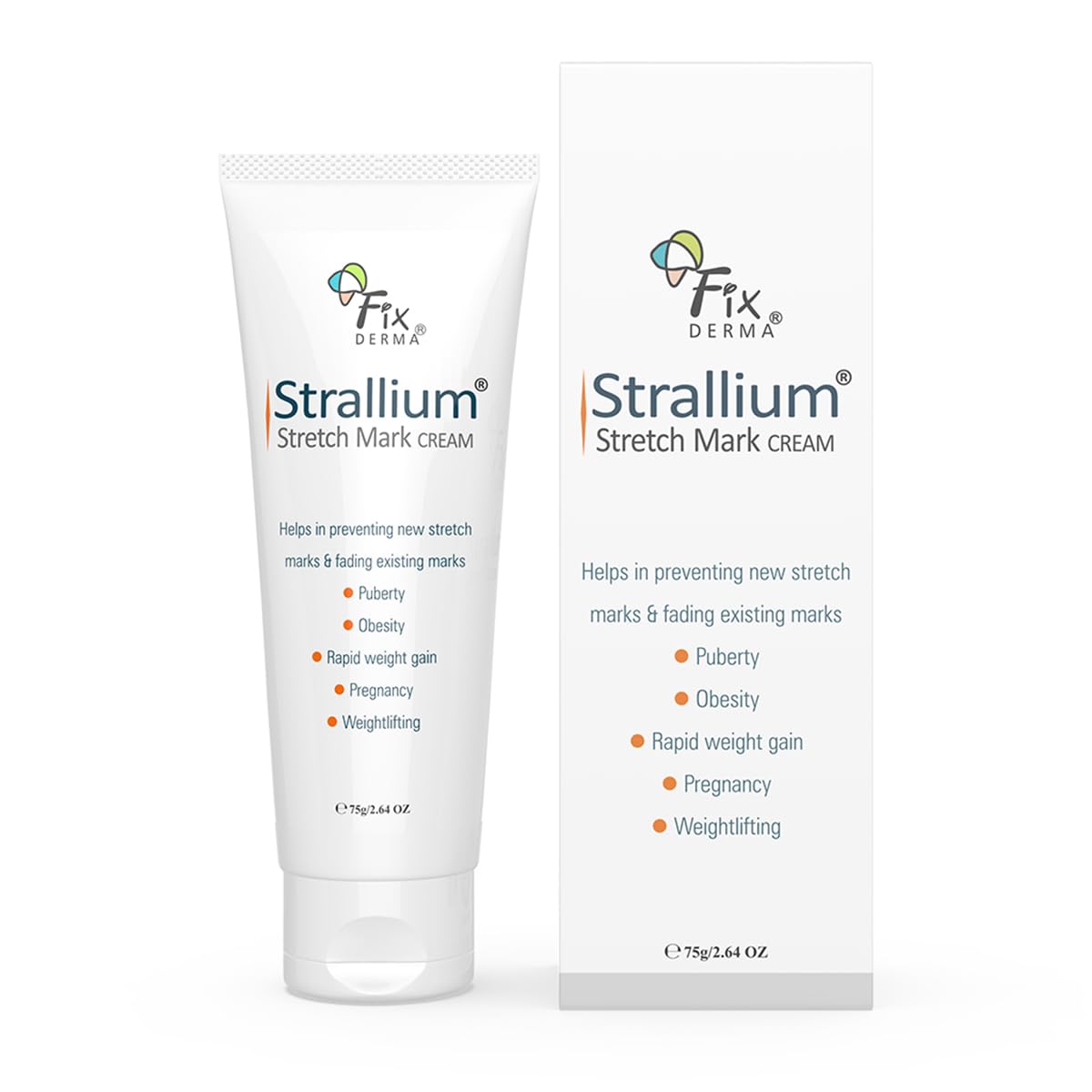 Strallium stretch mark cream with packaging on a white background