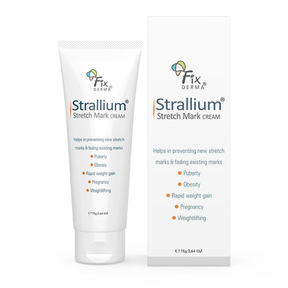 Strallium stretch mark cream with packaging on a white background