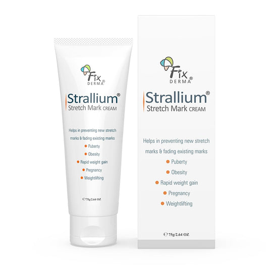 Strallium stretch mark cream with packaging on a white background