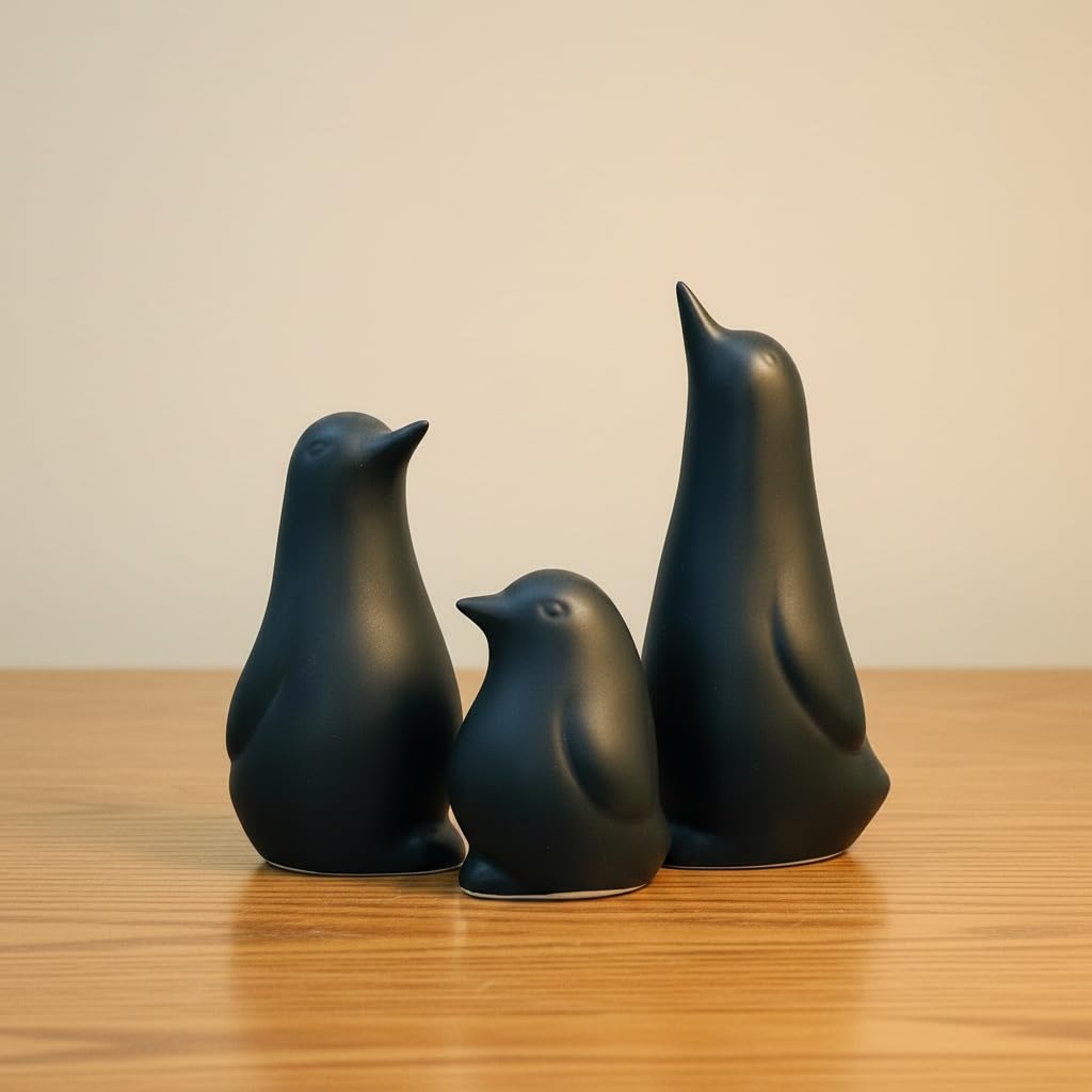 Ceramic Penguin Family Figurine - Set of 3 | Black Penguin Figurines for Home Decor | Modern Nordic Tabletop Accent for Living Room, Bedroom, Office Desk & Shelves | Gift for Housewarming